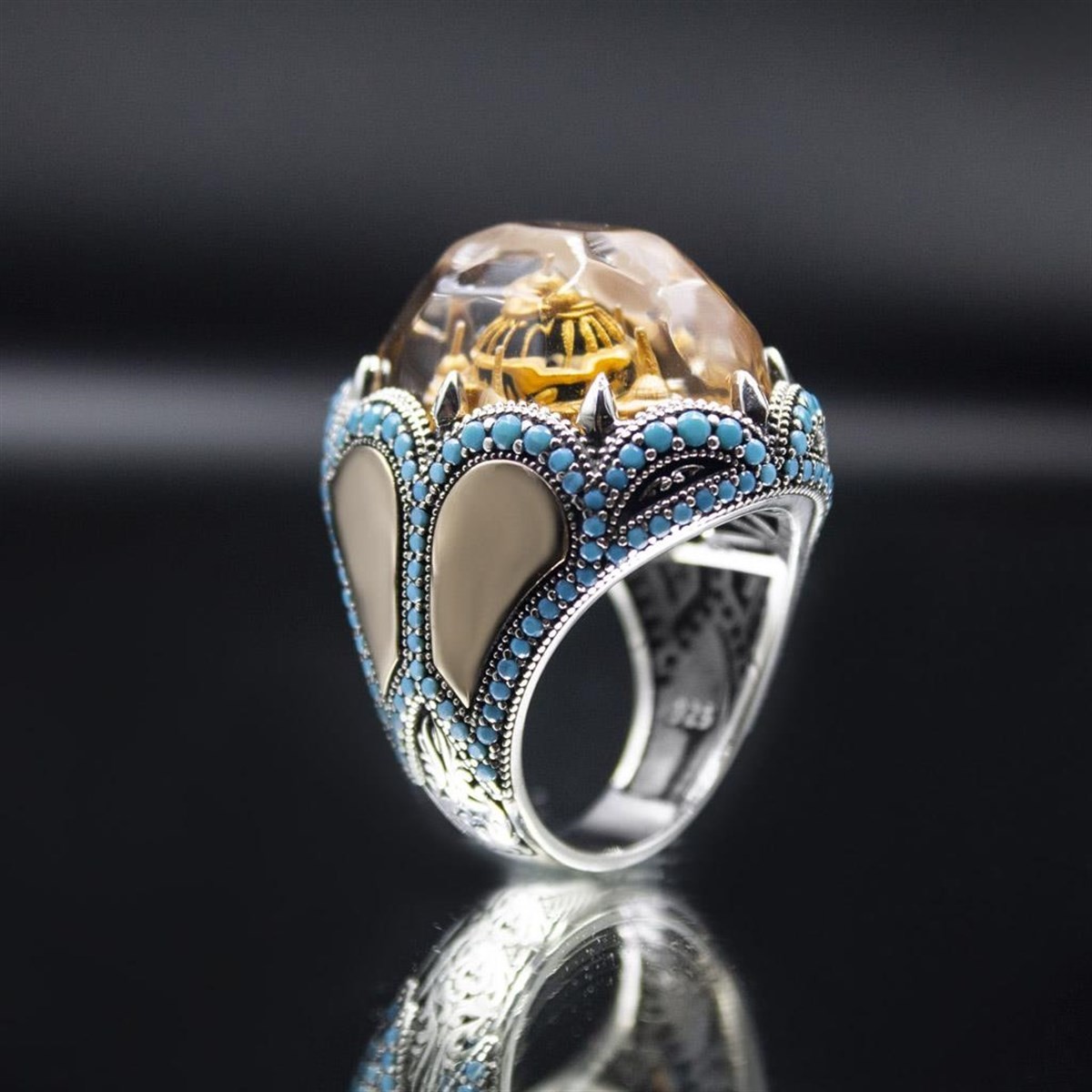 خاتم مصنوع يدويًا من الفضة الإسترلينية عيار 925 على شكل تمثال مسجد فيروزي