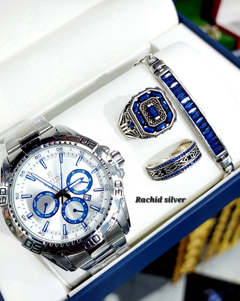 ساعة ميكانيكية مستوردة + مجموعة مجوهرات من الفضة الاسترلينية عيار 925