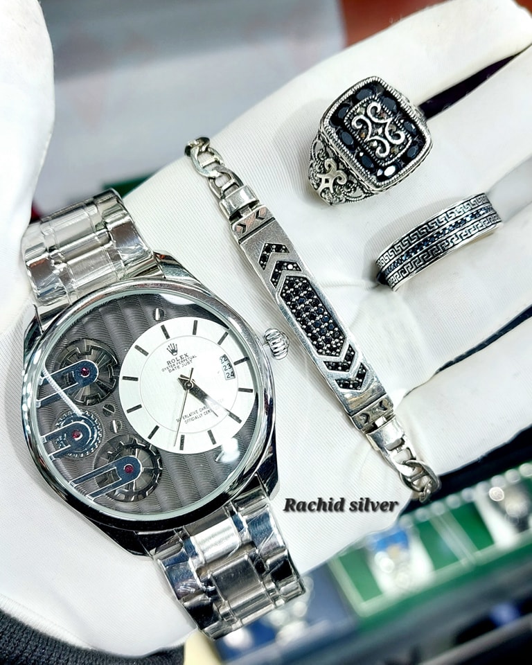 ساعة ميكانيكية مستوردة + مجموعة مجوهرات من الفضة الاسترلينية عيار 925