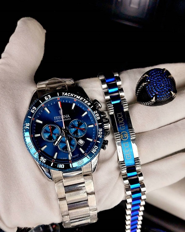 ساعة ميكانيكية مستوردة + مجموعة مجوهرات من الفضة الاسترلينية عيار 925