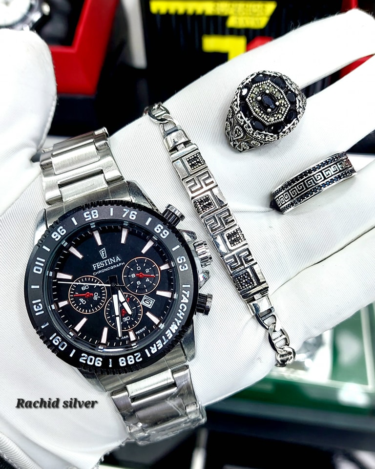 ساعة ميكانيكية مستوردة + مجموعة مجوهرات من الفضة الاسترلينية عيار 925