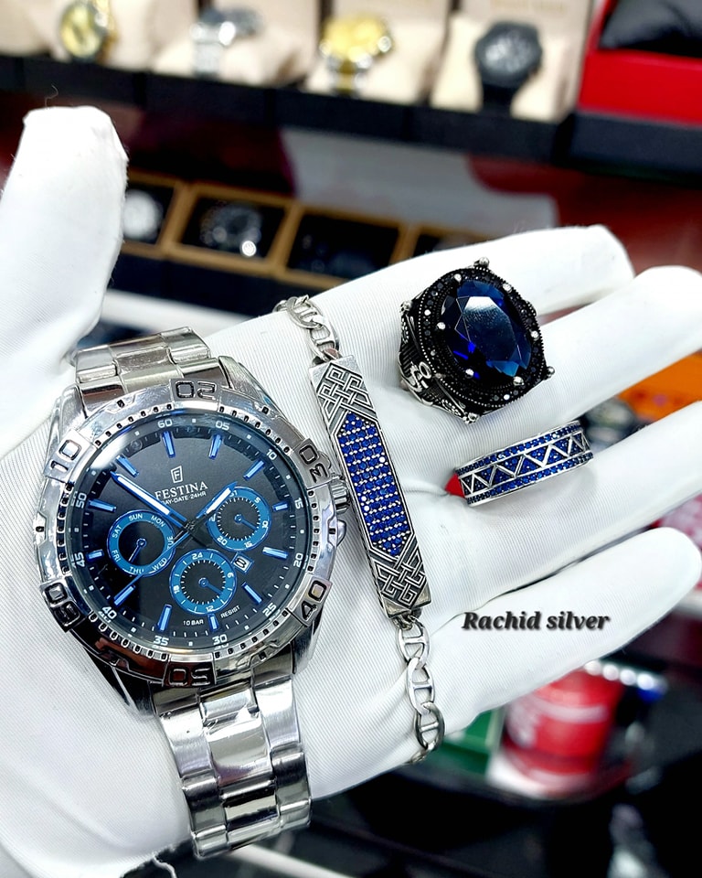 ساعة ميكانيكية مستوردة + مجموعة مجوهرات من الفضة الاسترلينية عيار 925