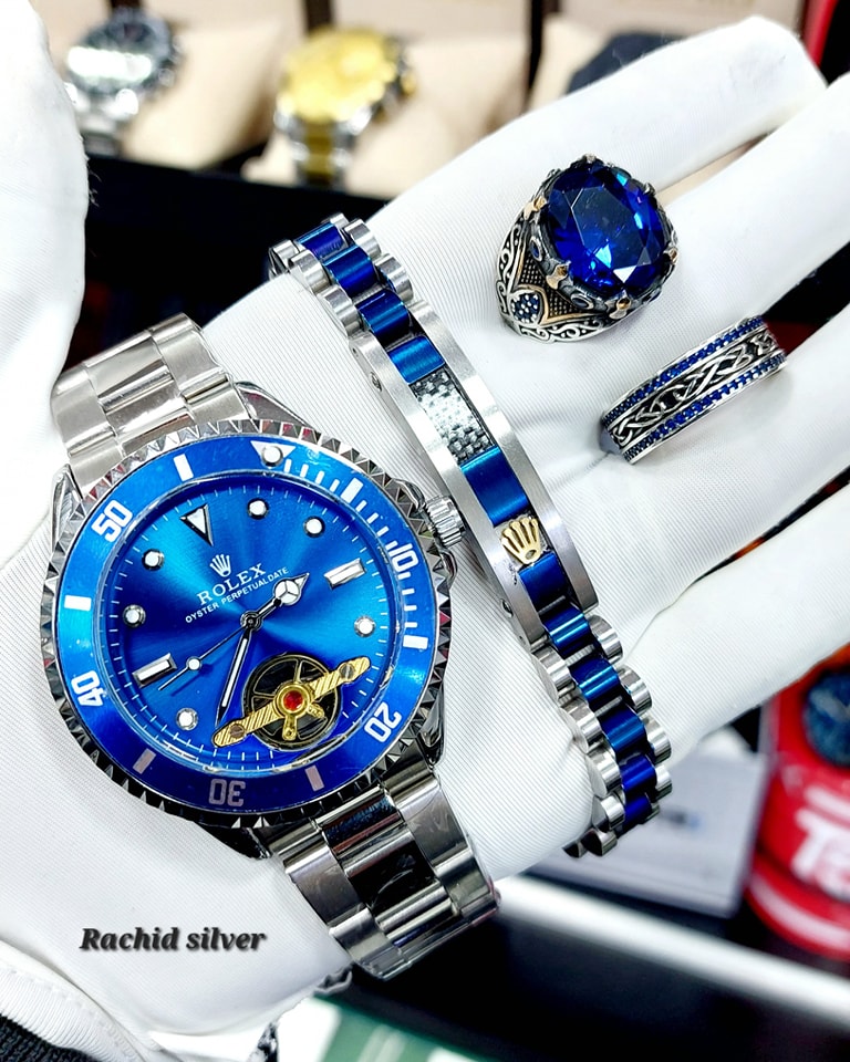 ساعة ميكانيكية مستوردة + مجموعة مجوهرات من الفضة الاسترلينية عيار 925