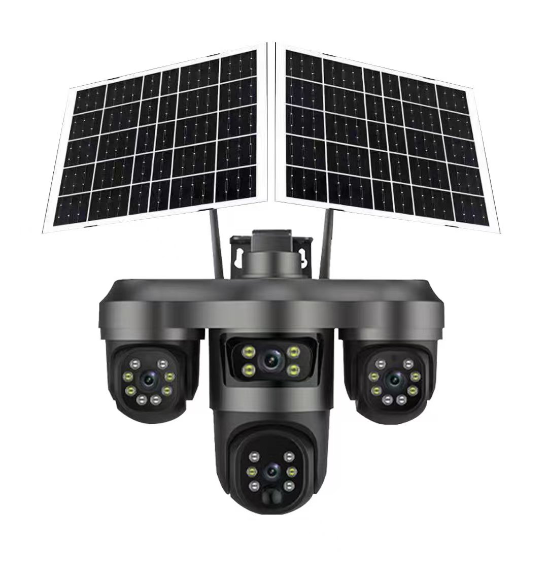 كاميرا مراقبة خارجية تعمل بالطاقة الشمسية AOV؛ كاميرا مراقبة للاستخدام المنزلي عالية الدقة متعددة العدسات ومتعددة المشاهدات مع تسجيل على مدار 24 ساعة.